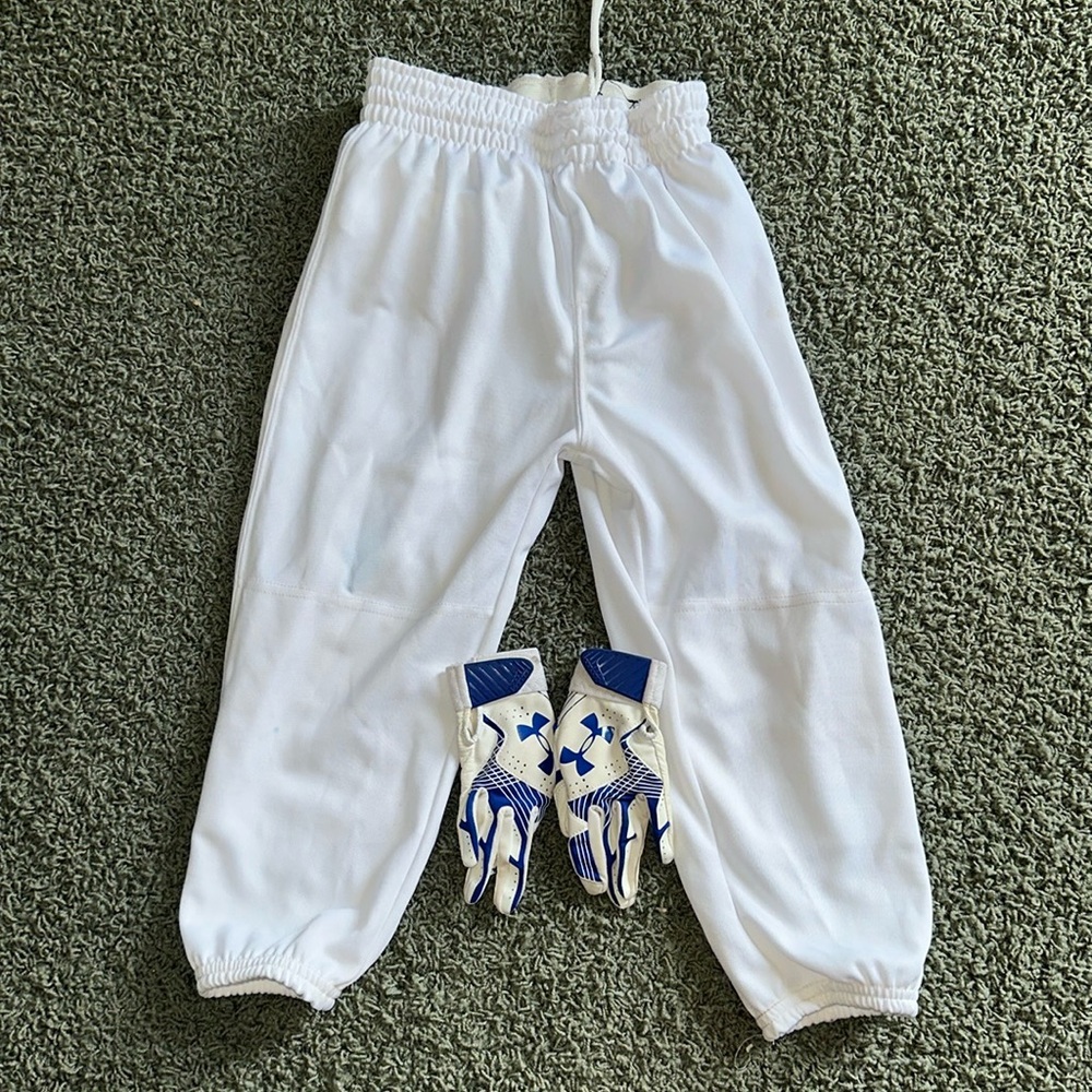 Boys baseball pants and Under Armour gloves